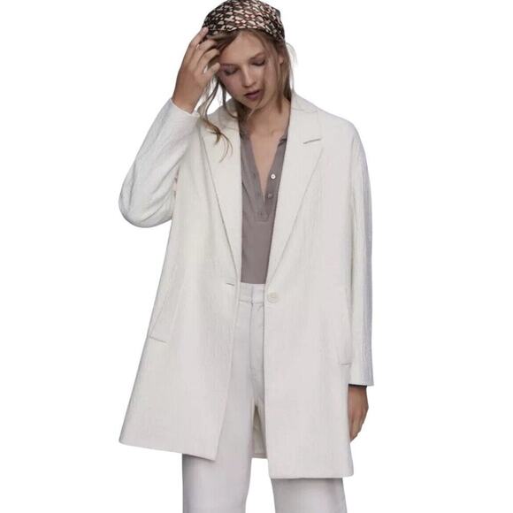Zara Oversized Textured Wool Blend Coat Women XL Ivory Long Jacket Blazer NEW - Picture 3 of 16